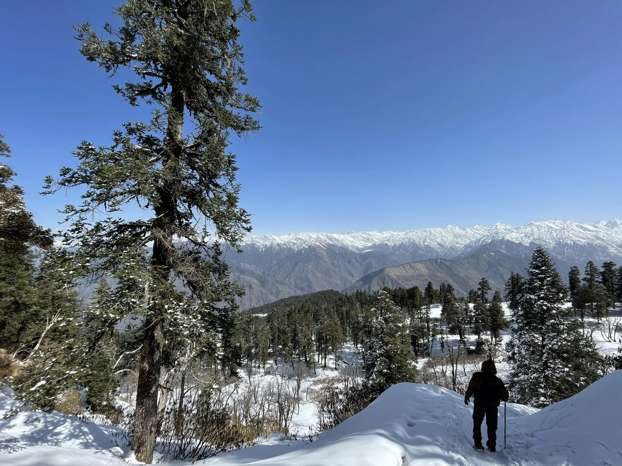 Snow trail with the Himalayan range ahead