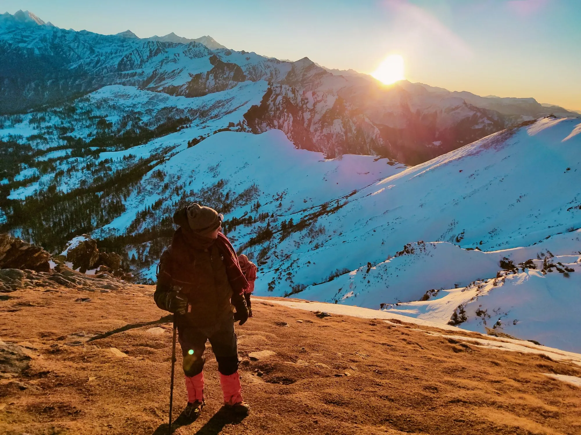Sunrise over the snow ridges on Kedarkantha summit day