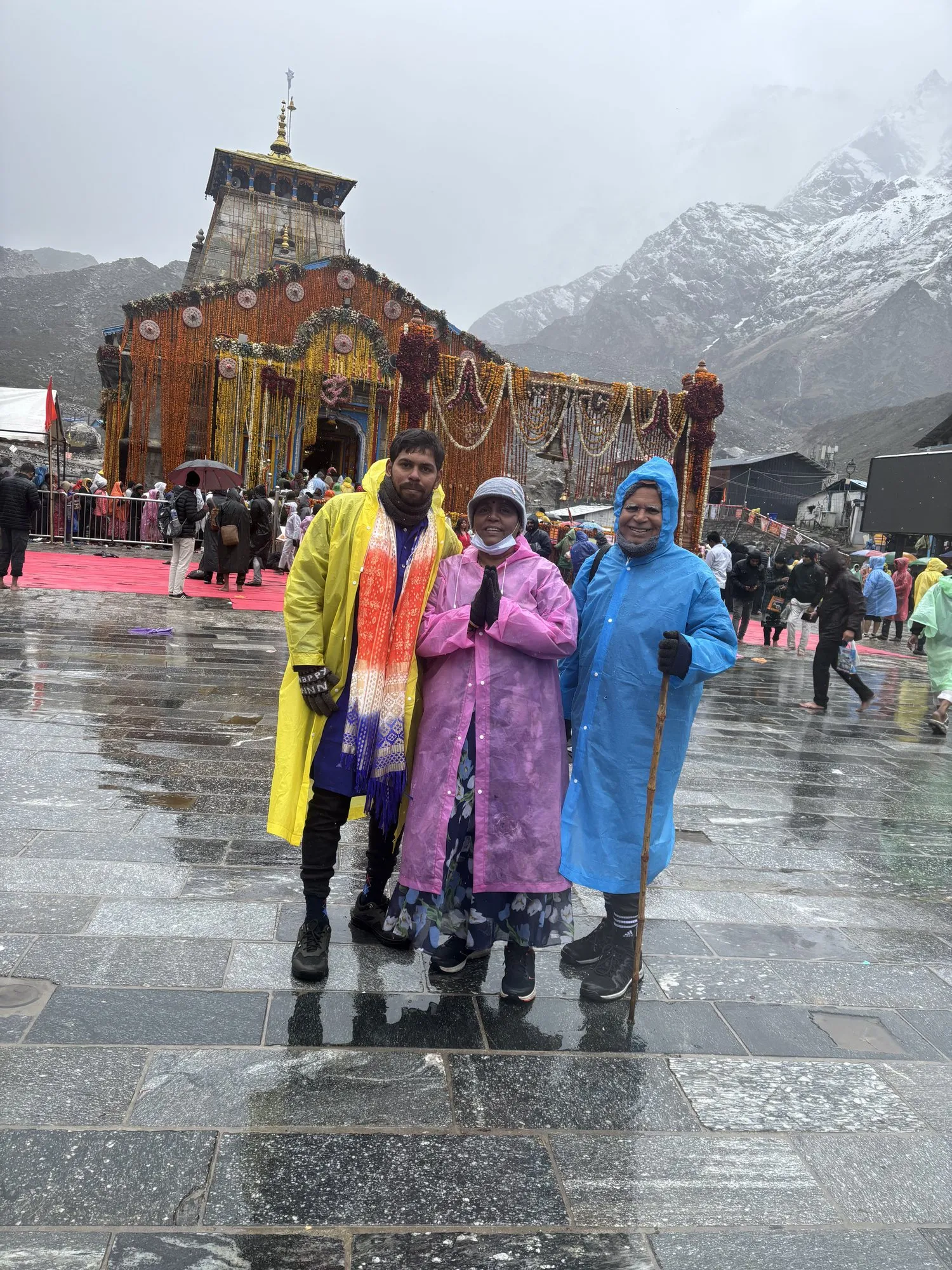 Kedarnath darshan in the rain — ponchos on